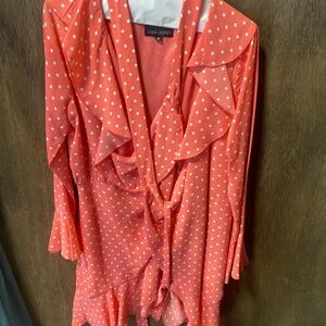 Orange and White Ruffled 3/4 Sleeve Blouse with Tie Front